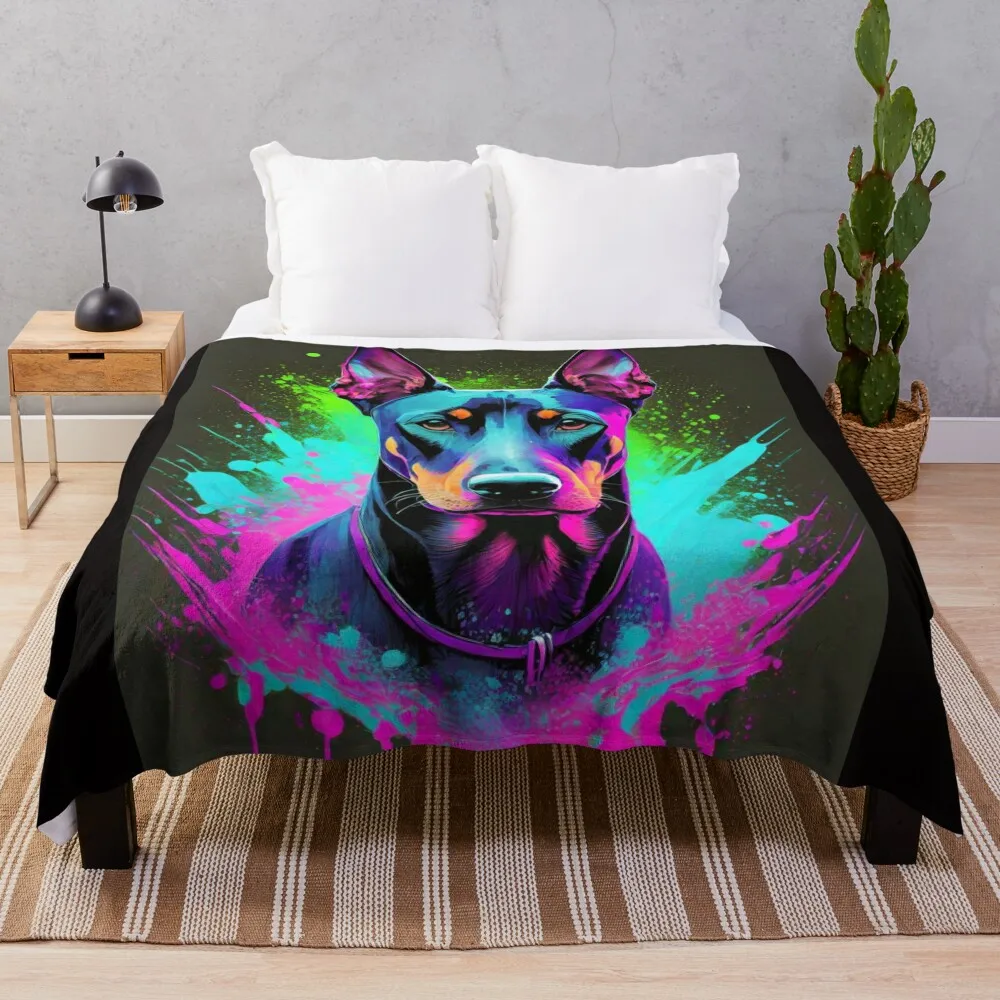 Neon Paint Splatter Doberman II Throw Blanket Luxury Designer Hair Blankets