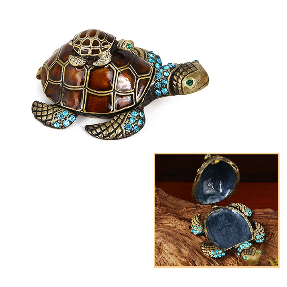 1pc Tortoises Trinket Box Vintage Enamel Rhinestone Jewelry Storage Case Handmade Makeup Tools Creative Gift Green/Purple/Brown