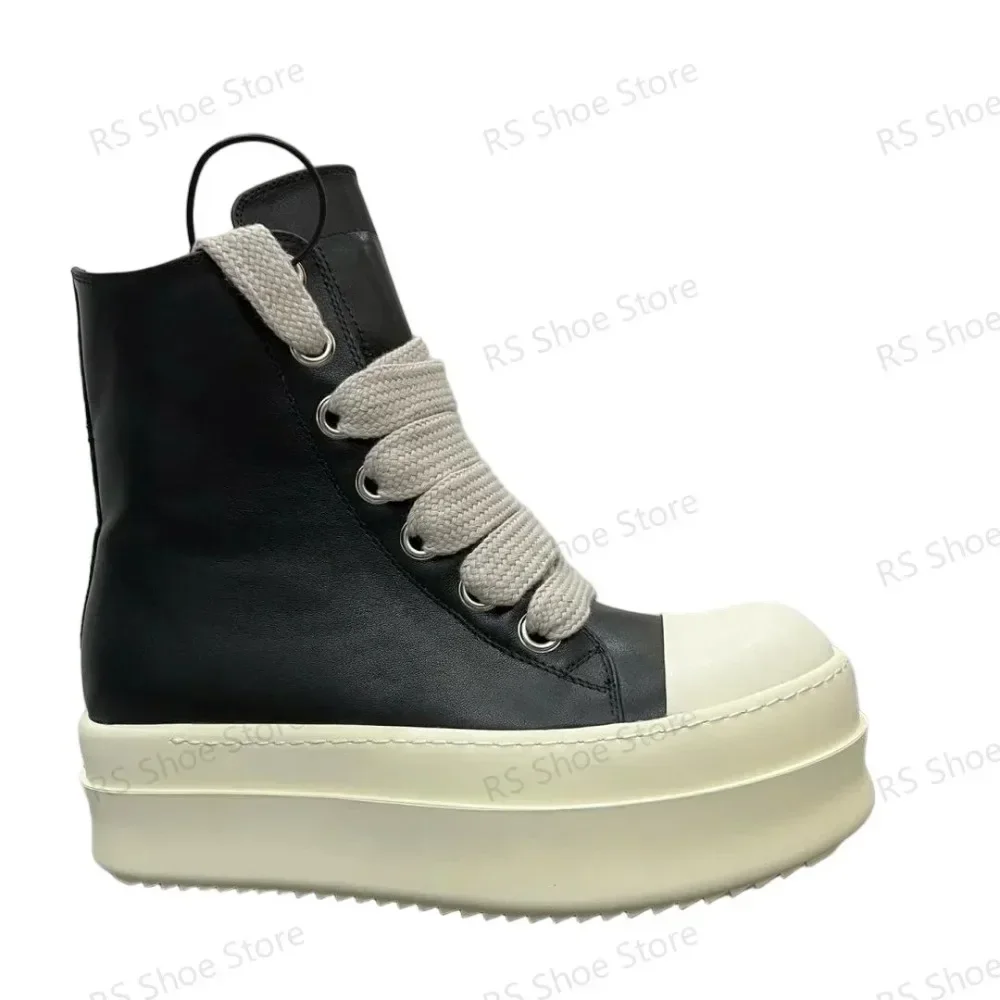 

Ro Luxury Men Shoe Women Sneaker Ankle Boot High Top Casual Shoes Black Leather Zipper Jumbo Laces 6cm Thick Sole Boots