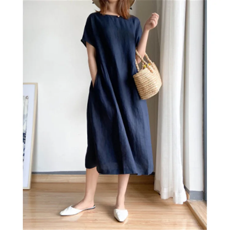 

Summer Dress Women Cotton Linen Vintage Casual Loose Oversie Lapel Short-sleeved Dress New in Mid-length Dress for Women D132