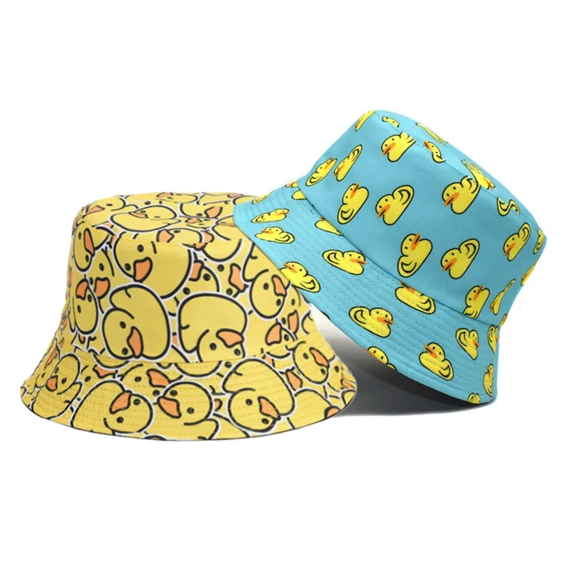 Amber Cartoon Duck Bucket Hat Cute Printing Fisherman Hats For Men Women Double Sides Panama Cap 58cm Summer Outdoor Sun Caps