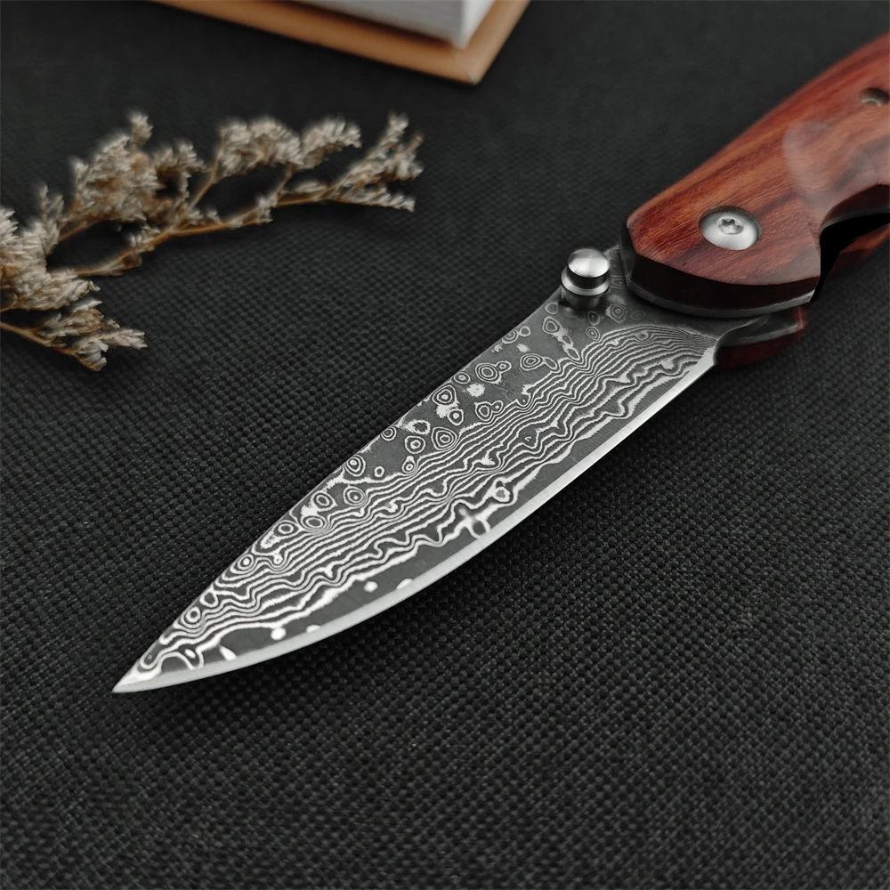 New Damascus Blade Outdoor Tactical Folding Knife Color Wood Handle EDC Men\'s Camping Hiking Hunting Survival Tool