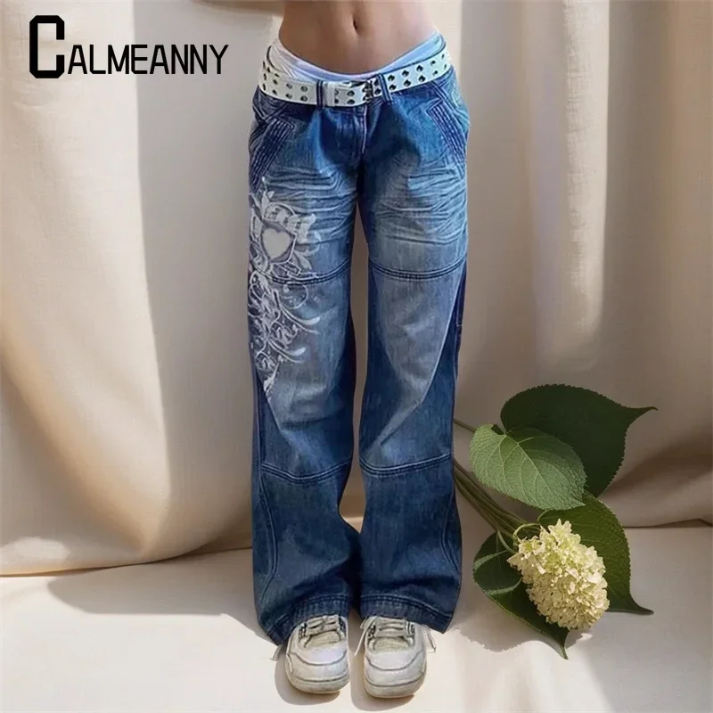 

Women Print Jeans 2024 Autumn Fashion Low Waist Casual Loose Denim Flare Pants Harajuku Streetwear Vintage Y2k Grunge Jeans