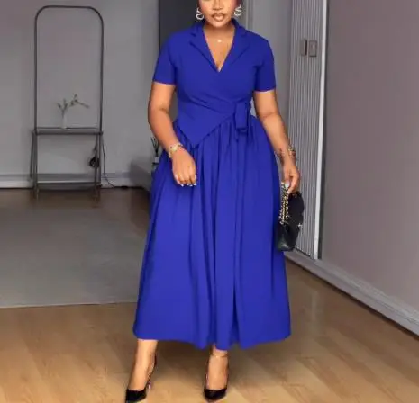 

Elegant Slim Fit Solid Color Lapel Tie Waist Cinched A-Line Dress for Summer Ladies, Elegant Commuting Short Sleeved Dress