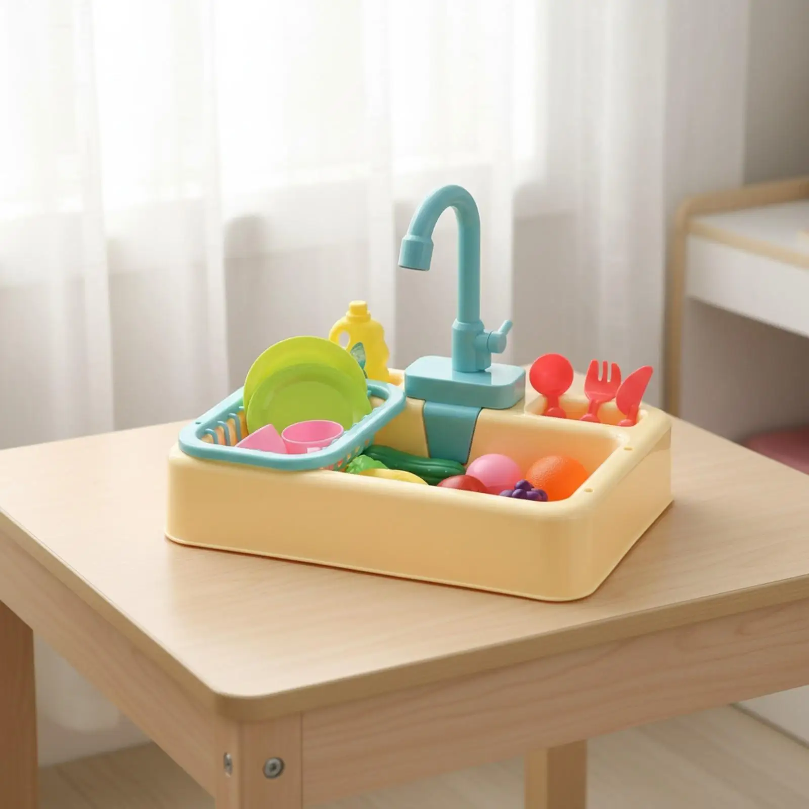 Play Kitchen Sink with Accessories Electric Play Sink with Running Water-Responsive Dishwashing Station Toy for Kids, Preschool
