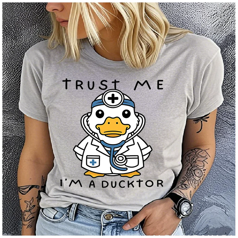 100% Cotton Women Cute Doctor Duck Pun Quote Print T Shirt Round Neck Short Sleeve Casual Summer Ladies Graphic Tees