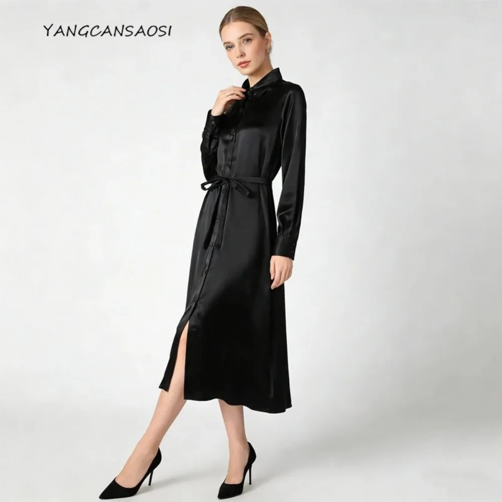 

Платье из 100% натурального шелка тутового шелка, женская атласная черная однотонная рубашка 21 мм, стильная юбка с длинными рукавами и лацканами, новинка весны 2023 г.