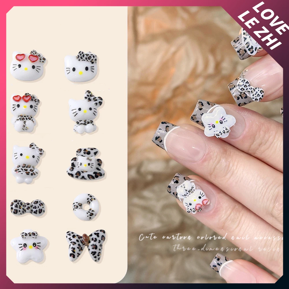 20Pcs New Black White Leopard Pattern Hello Kitty Resin Nail Art Charms 3D Cartoon Cat Head Bow Glasses Diy Nail Art Accessories