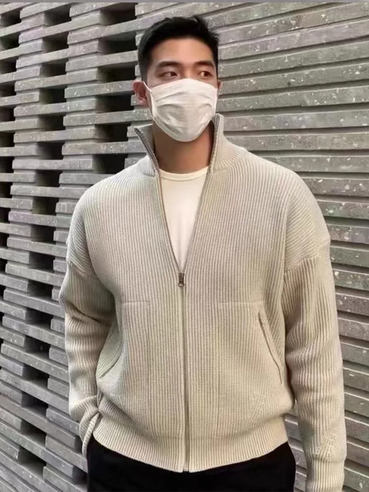 

Мужской вязаный кардиган на молнии с воротником-стойкой, свободного кроя, с длинным рукавом, в корейском стиле, модный, осенне-зимний