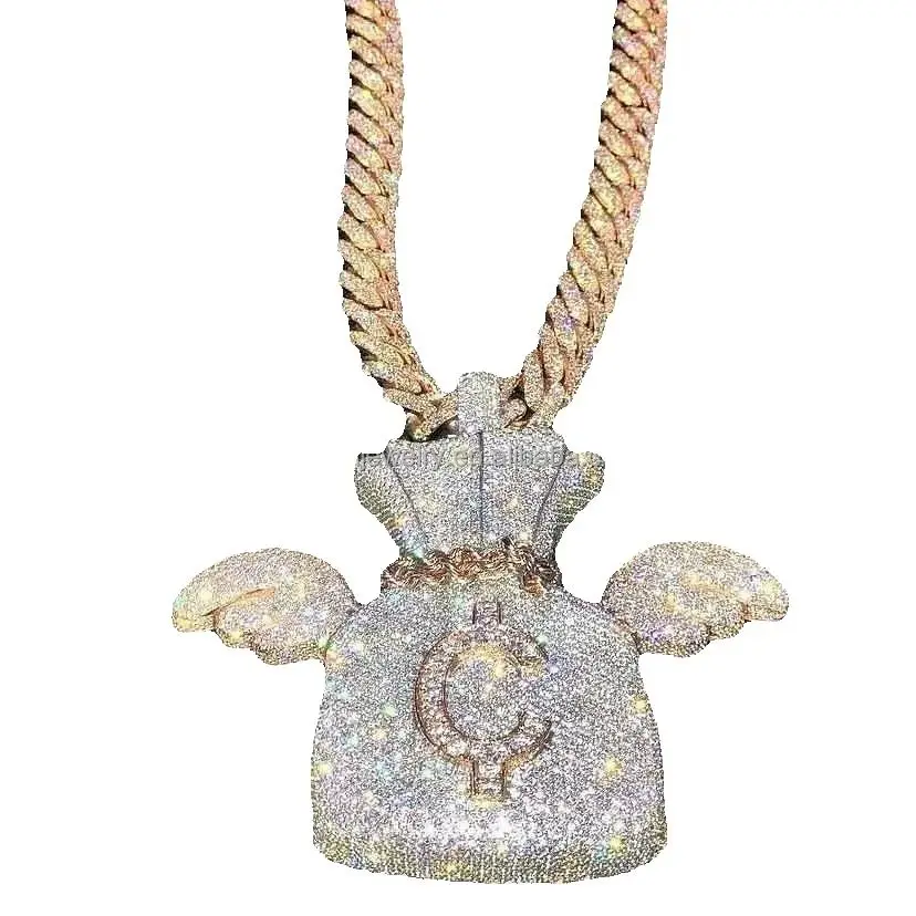 

Кулон-сумка для денег с эффектом "Iced Out", ожерелье с символом доллара, украшения в стиле хип-хоп, символизирующие богатство, украшения с крыльями ангела и короной
