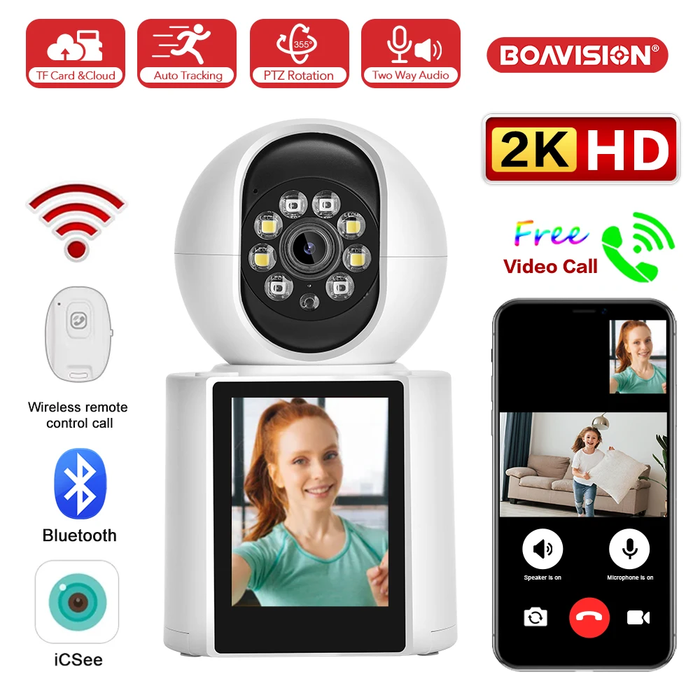Wifi Camera 2K 3MP 2.8 inch IPS Screen Auto Tracking Humanoid Detection Two Way Audio PTZ Video Calling Intercom smart camera