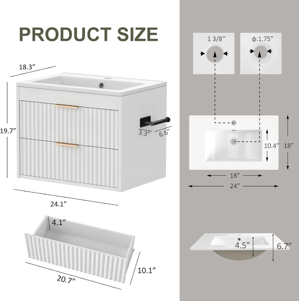 24 Inch Bathroom Vanity Floating, Wall Mounted, with Sink, LED Light, Soft-Close Drawers