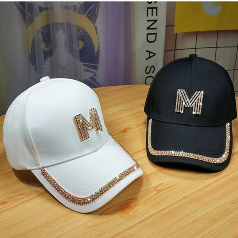 Women Summer Anti-UV Sunhat Baseball Cap Gold Sequins Diamond M D Letter Printed Club Hip Hop Cap Outdoor Sun Protection Visors