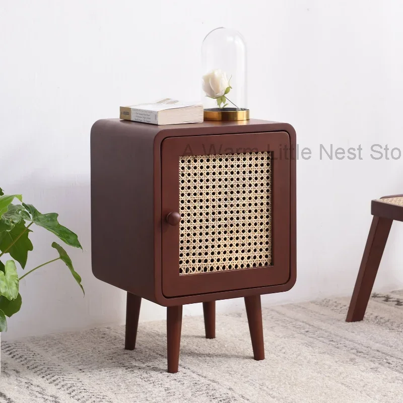 Mid Century Rattan Nightstands Narrow Black Minimalist Small Space Bedside Table Vintage Organizers Nachttisch Bedroom Furniture