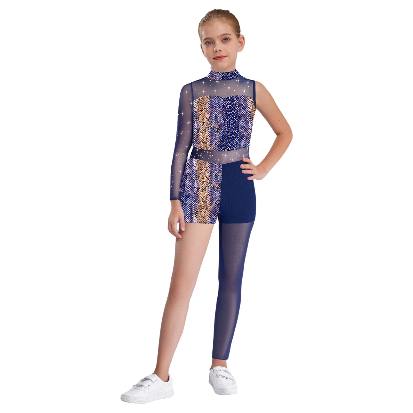 

Kids Girls Gymnastics Jumpsuit Shiny Rhinestones Sheer Mesh Patchwork Asymmetrical Leotard Bodysuit Figure Skating Dance Unitard