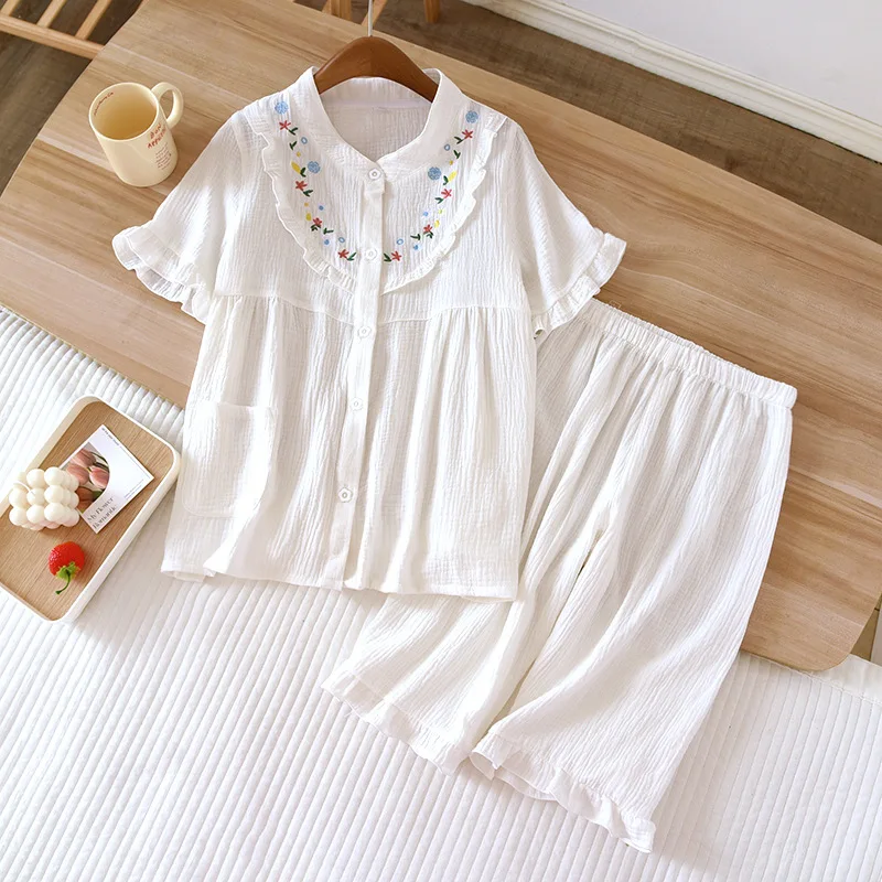 Pure Cotton Womens Pyjamas Set Embroidery Print Home Suits Pyjama Short Sleeve Pajamas 2023 Summer New 2Pcs Sleepwear