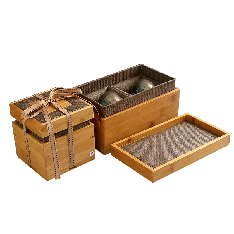 Boutique bamboo box tea set double cup Ceramic Fair purple clay pot packaging gift box wholesale customized MOQ 50