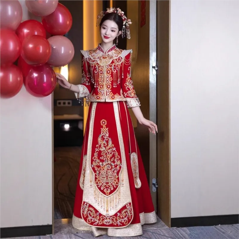 

New velvet shoulder Chinese-style toasting and wedding dress