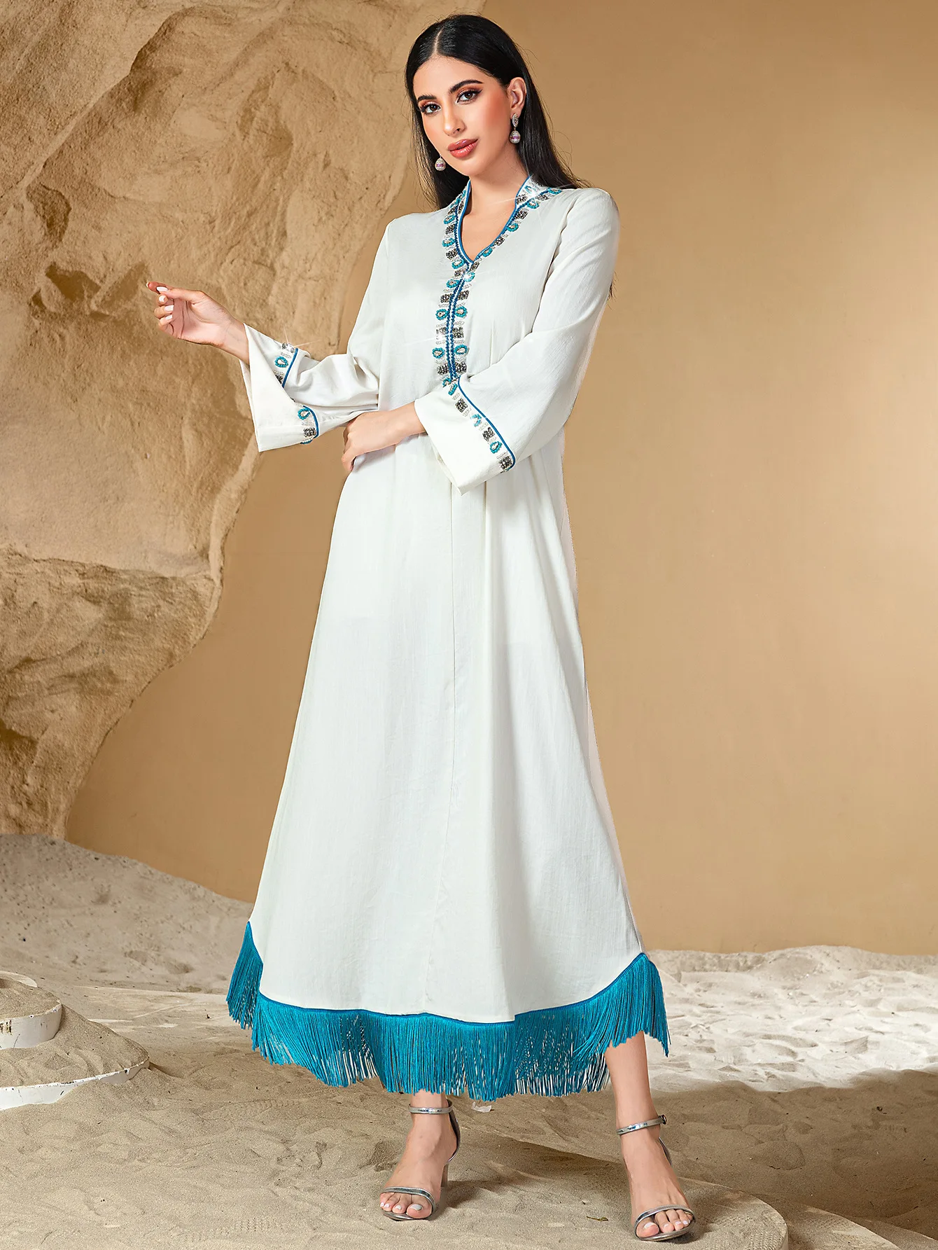 Eid 이슬람 여성 드레스 Abaya 파티 긴 소매 다이아몬드 Jalabiya 라마단 긴 드레스 Vestidos Largos Kaftan 아랍 긴 가운