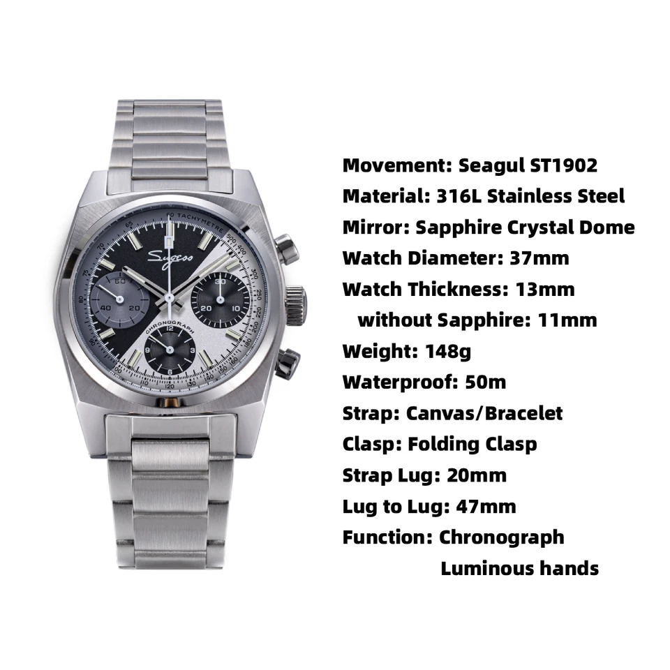 SUGESS S419 37mm メカニカルクロノグラフ 銀色腕時計