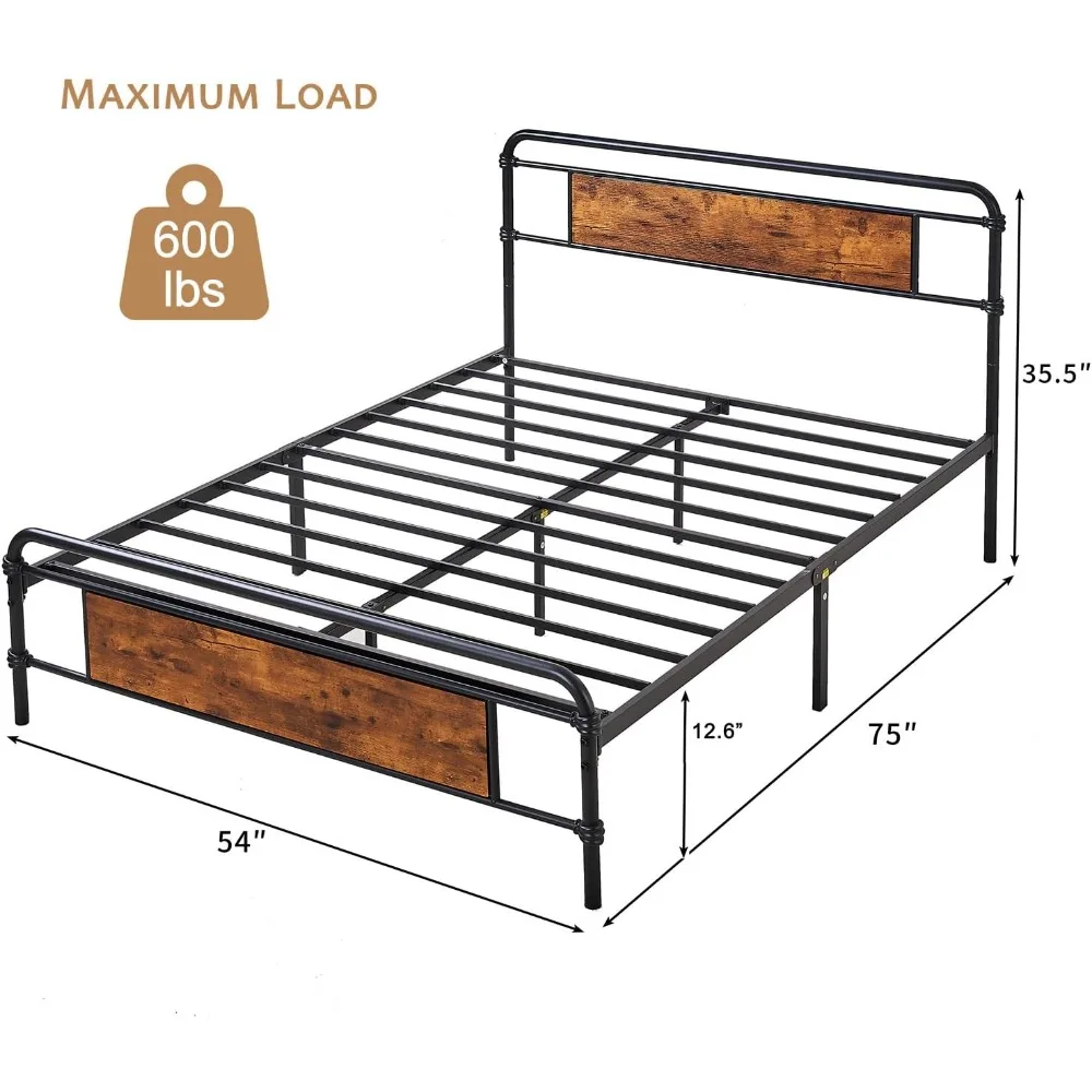 VECELO Cadre de lit pleine grandeur avec tête de lit et pied de lit en bois, plate-forme entièrement en métal, support à lattes solides et espace de rangement sous le lit, N