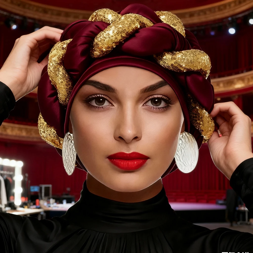 

Африканский тюрбан, хиджаб, капот, повязки на голову для женщин, шапка-бини с блестками, витая шапка Auto Gele, головной платок, мусульманский тюрбан, головной убор