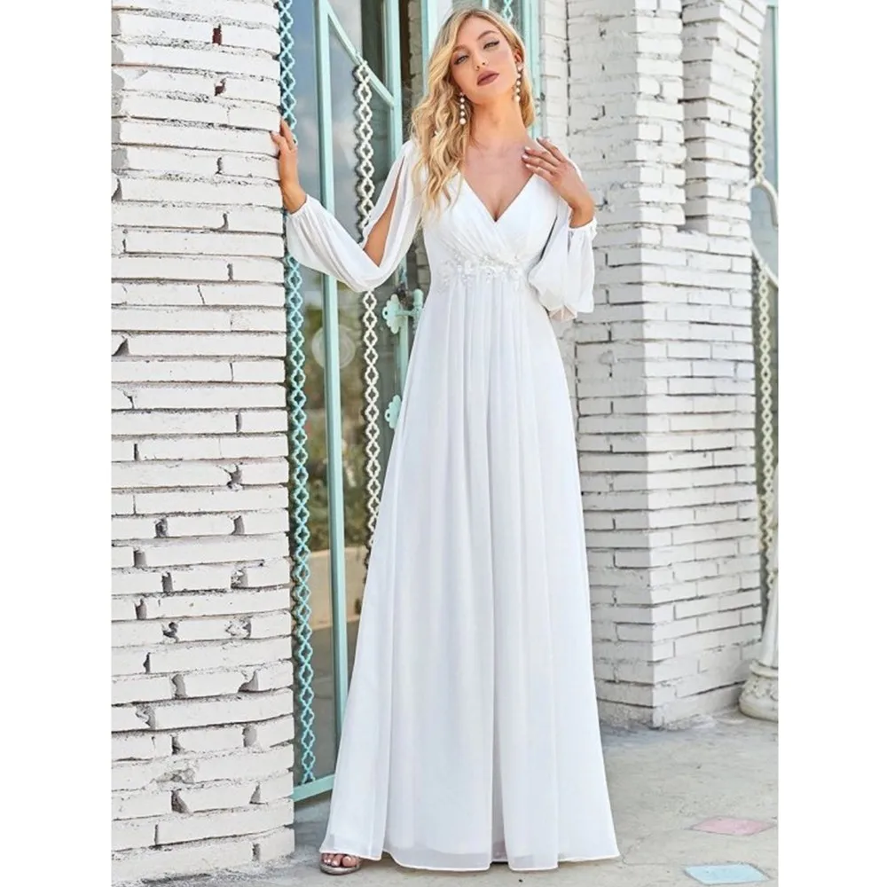 BABYONLINE Boho Wedding Dresses Chic and Simple V Neck Long Sleeves Applique A Line Chiffon Maxi Skirt For 2024 Bride