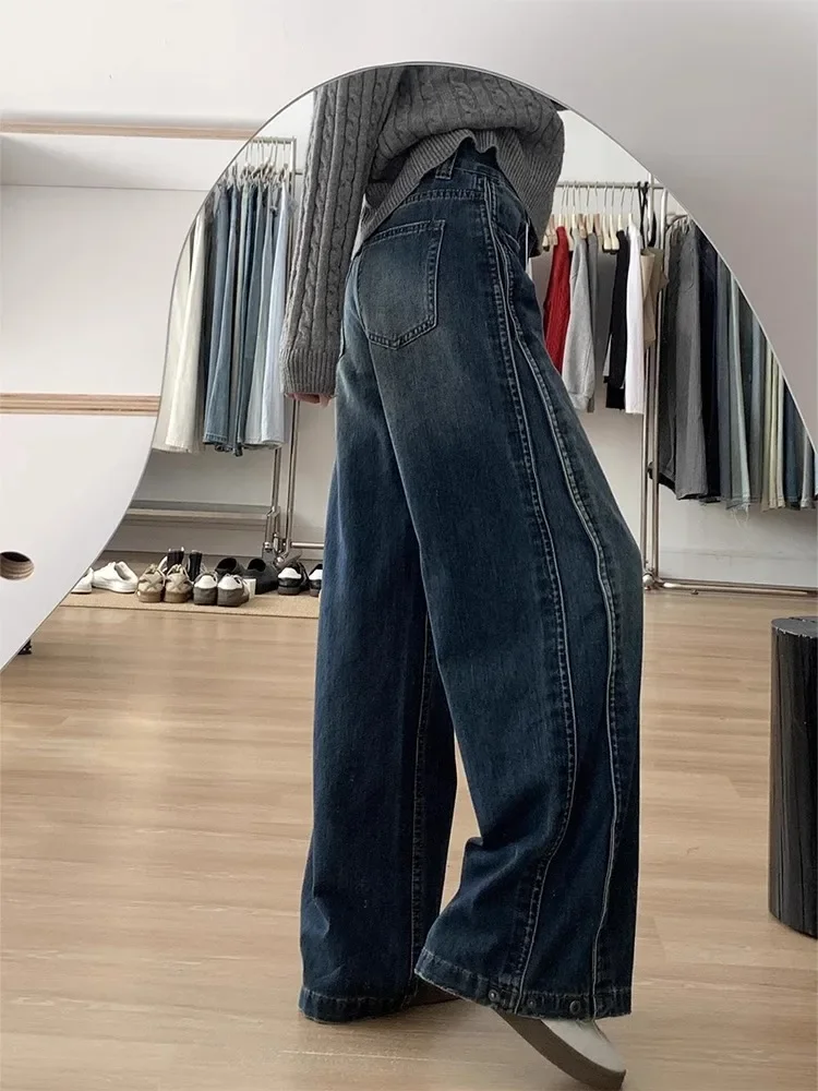 

Retro Washed Wide Leg Jeans With Women'S Spring And Autumn Design Sense, High Waist Loose Straight Leg Floor Pants