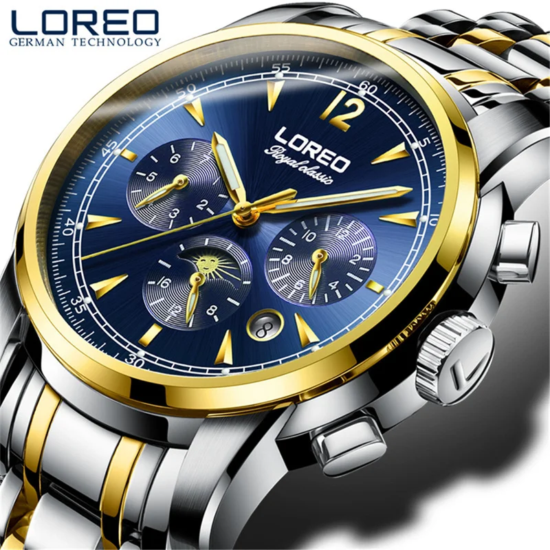 LOERO Top Brand Men Moon Phase Mechanical Wristwatch Sapphire Stainless Steel Waterproof Automatic Watch For Men Reloj Hombre