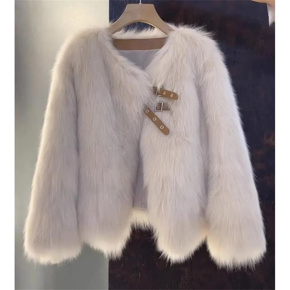 Short Tops Fur Outwear Winter Elegant Thick Artificial Fur Jacket Warm Shaggy Overcoat Faux Fur Coat Women Luxury Collarless