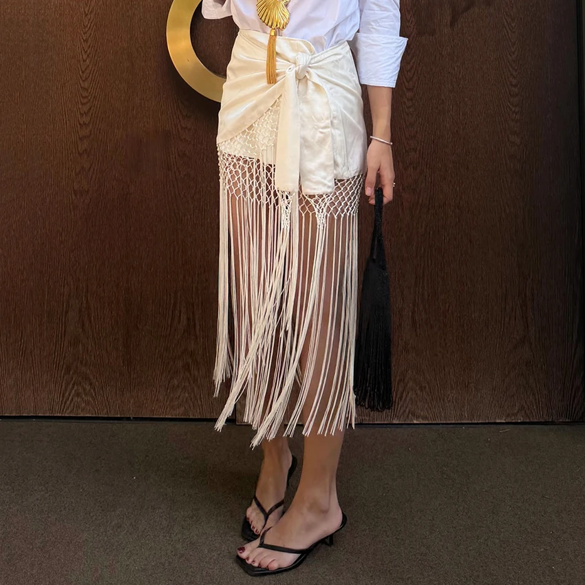 Elegant Apricot Satin Tassels Long Skirts For Women 2026 Street Chic Zipper Asymmetrical Skirts Trend Slim Belt Mid Calf Skirt
