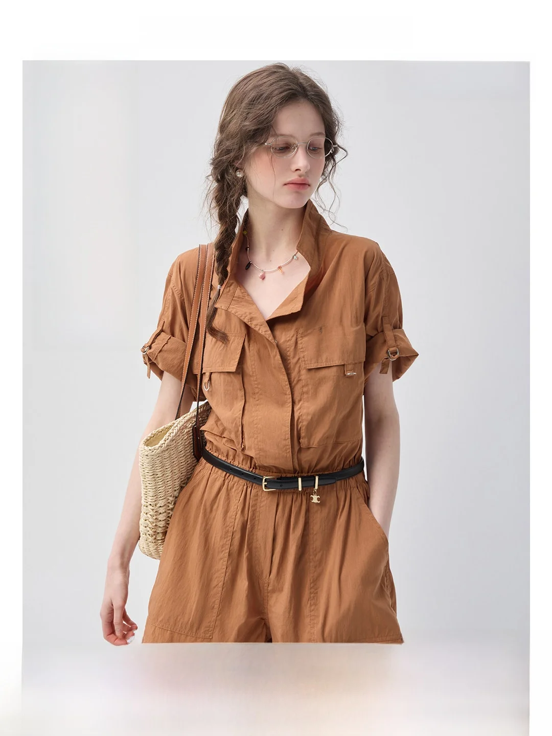 

Summer Women's Jumpsuit Elastic Waist Workwear High Waist Short Pants Lycra Rayon One-Piece Suit Commute Style Pocket Detail