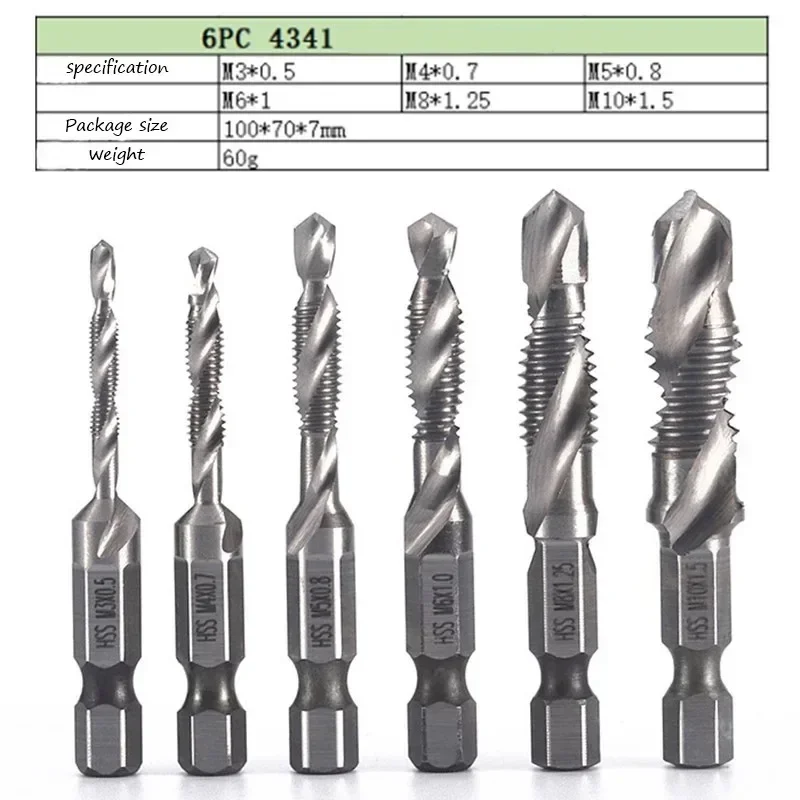 1/6Pcs Tap Drill Bit Set Hex Shank Titanium Plated HSS Screw Thread Bit Screw Machine Compound Tap M3 M4 M5 M6 M8 M10 Hand Tools