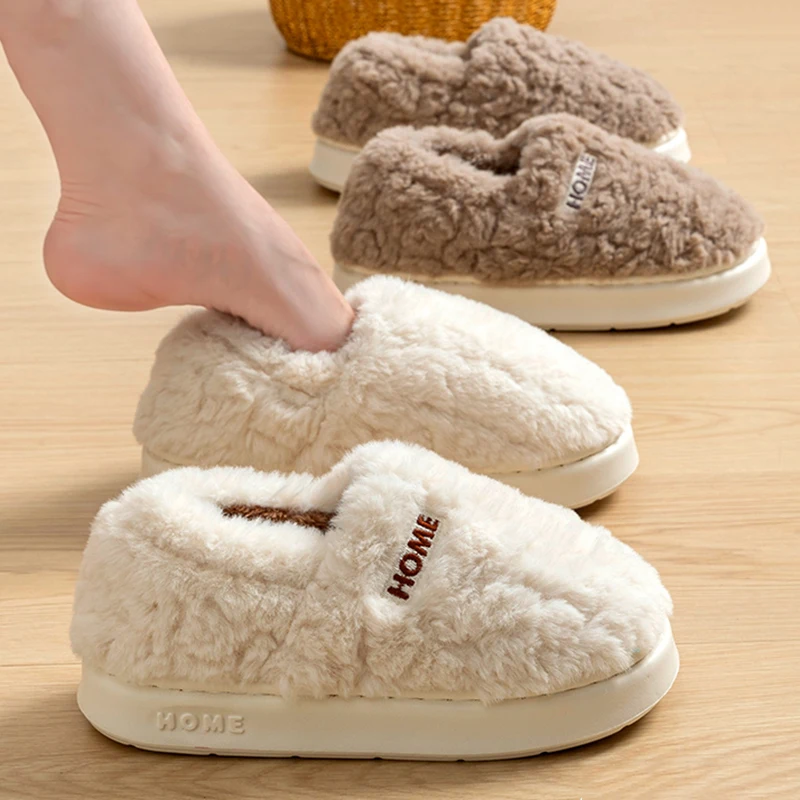 2024 Winter Indoor Warm Fur Slippers Women Fluffy Furry Closed Toe Couple Slippers Woman Comfort Soft Sole House Slides Shoes