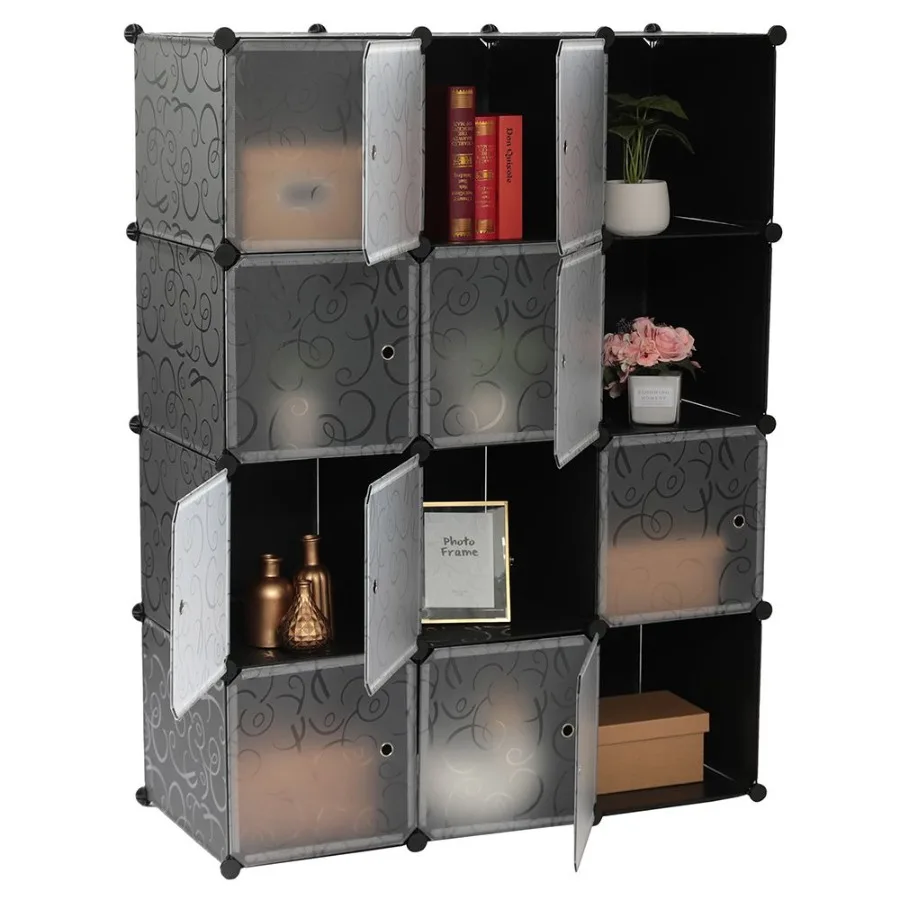 

Cube Storage 12Cube Closet Organizer Storage Shelves Cubes Organizer DIY Closet Cabinet with Doors White and Black Color RT