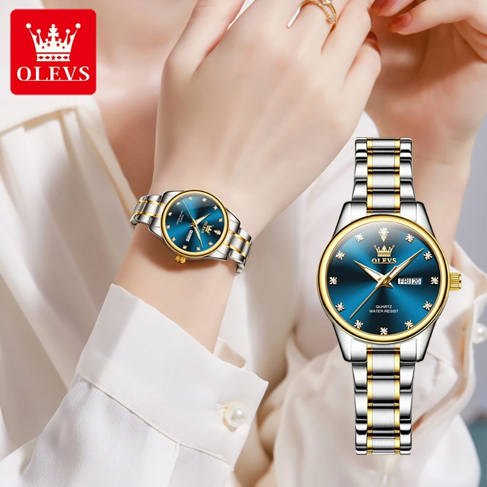 Olevs Luxe Horloge Voor Vrouw Dames Elegant Quartz Horloge Waterdichte Lichtgevende Datum Week Rvs Vrouwen Horloges Klok