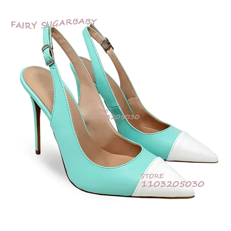 Blue White Mixed Colors Pointed Stiletto Heels Purple Leopard Cover Ladies Elastic Strap Sandals Office Lady Casual Leather Shoe