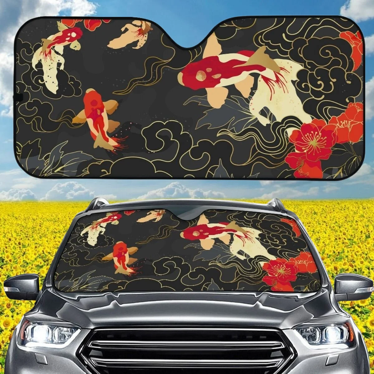 Car Sun Shade Koi Fish Hibiscus Flower Pattern Easy Installation Windshield Covers for Women Men High Quality Windshield Covers