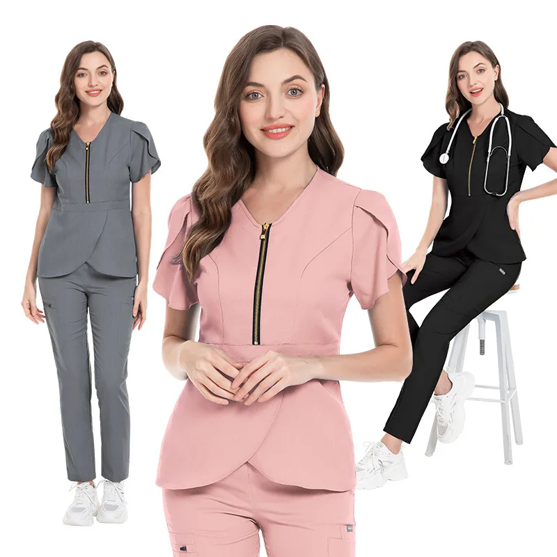 

V-Neck Scrub Set - Solid Color Hygienic Workwear with Pockets for Women