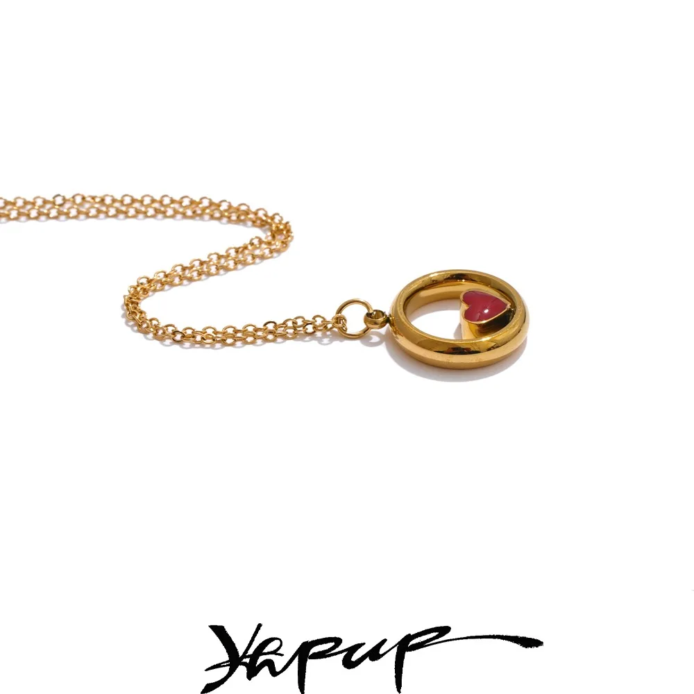 Yhpup Double Side Exquisite Round with Heart Pendant Charm Necklace for Valentine's Gift CNC Technology Unique Jewelry for Women