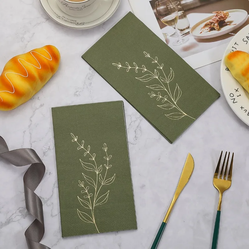 20pcs 33 * 40cm 2Layer Laurel Leaf Gold-stamped Long Napkins Rectangular Green Solid Color Paper Placemats DIY Decoupage Paper