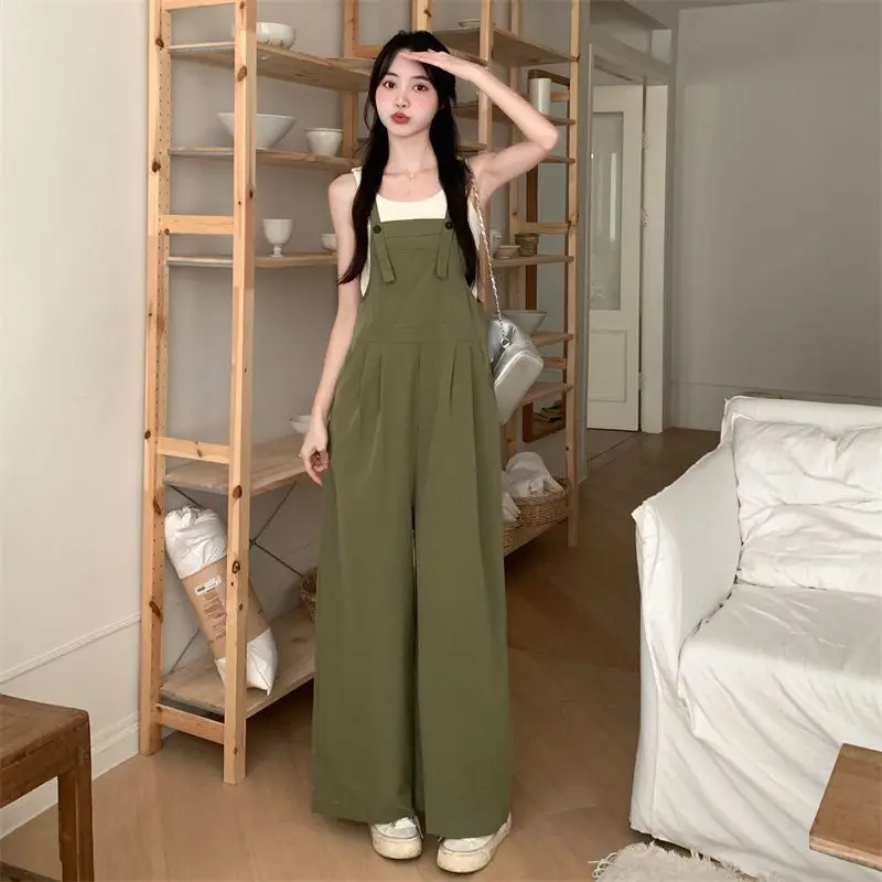 

Summer Oversized Overalls Ladies Young Style Buttons Solid Color Wide Leg Pants Femme Simplicity Camouflage Trousers Trend Thin