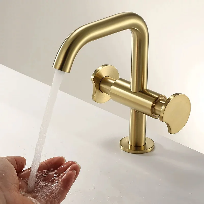 

High Quality Solid Brass Brushed Gold Bathroom Sink Faucet Luxury Modern Desin Single Hole Two Handle Hot cold water Basin Tap