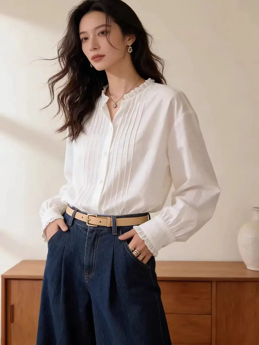 

Женская белая блузка с рюшами и воротником-стойкой, длинными пышными рукавами, плиссировкой спереди, на пуговицах, элегантная офисная повседневная женская рубашка, популярная модель