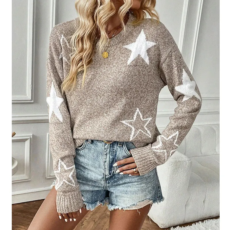 Five Pointed Star Jacquard Trendy Design Loose O-neck Knitted Pullover Long Sleeved Autumn Winter Casual Women's Sweater 6