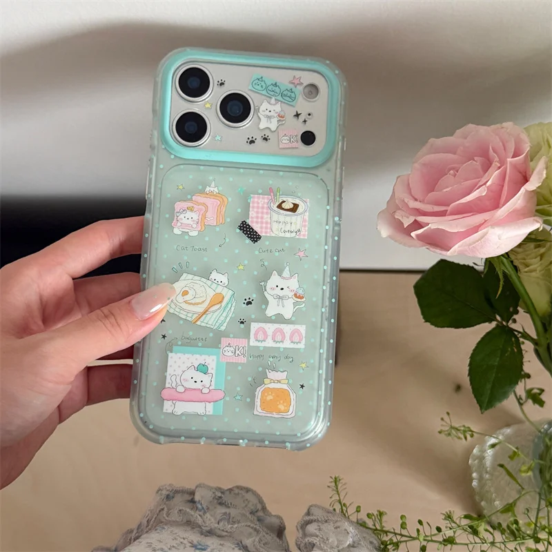 

Cute Cat Toast Phone Case For iPhone 15 16 17 Promax Kawaii Cartoon Clear Mint Green Shockproof Cover For Apple 14 13 12 11 Pro