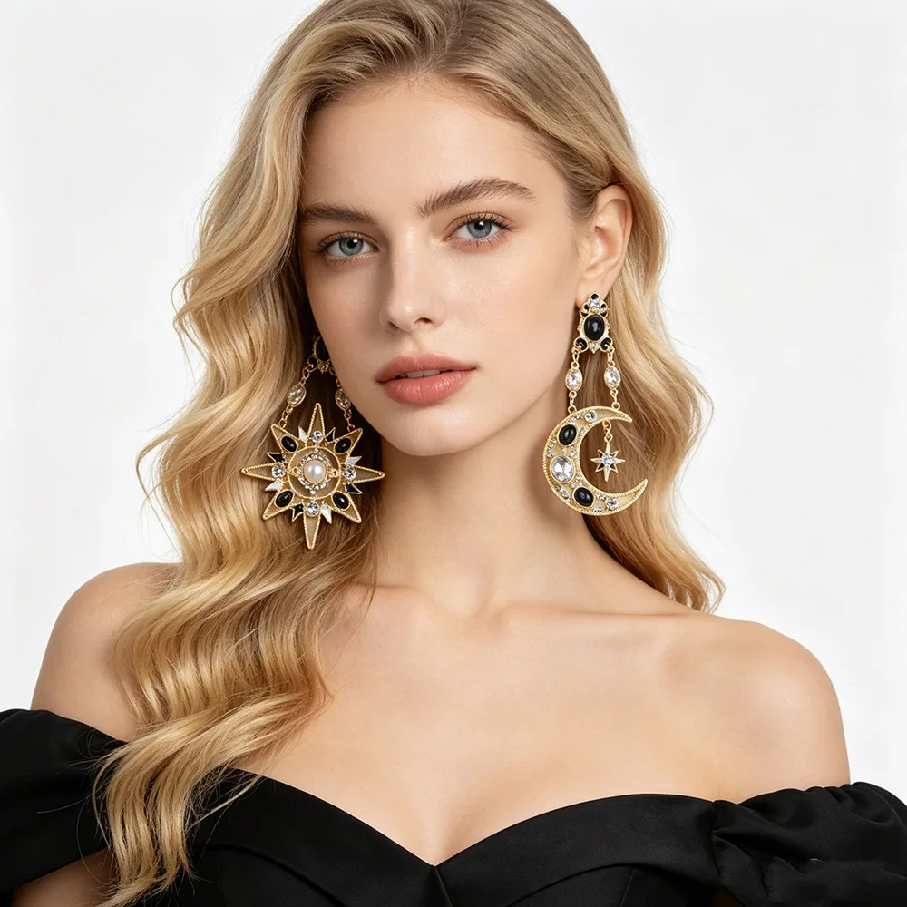 New cross-border earrings, high-end sense diamond-set moon star fringed earrings, retro temperament pearl stud earrings.
