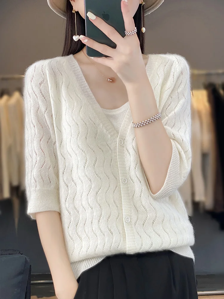 100% Merino Wool Spring Summer Women Cardigan V-neck Half-Sleeve Sweater Hollow Out Soft Knitwear Korean Fashion Women Clothing