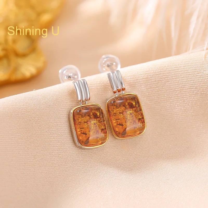 Shining U 925 Sterling Silver Vintage 8*10mm Amber Dangle Earrings for Women Fine Jewelry Spring