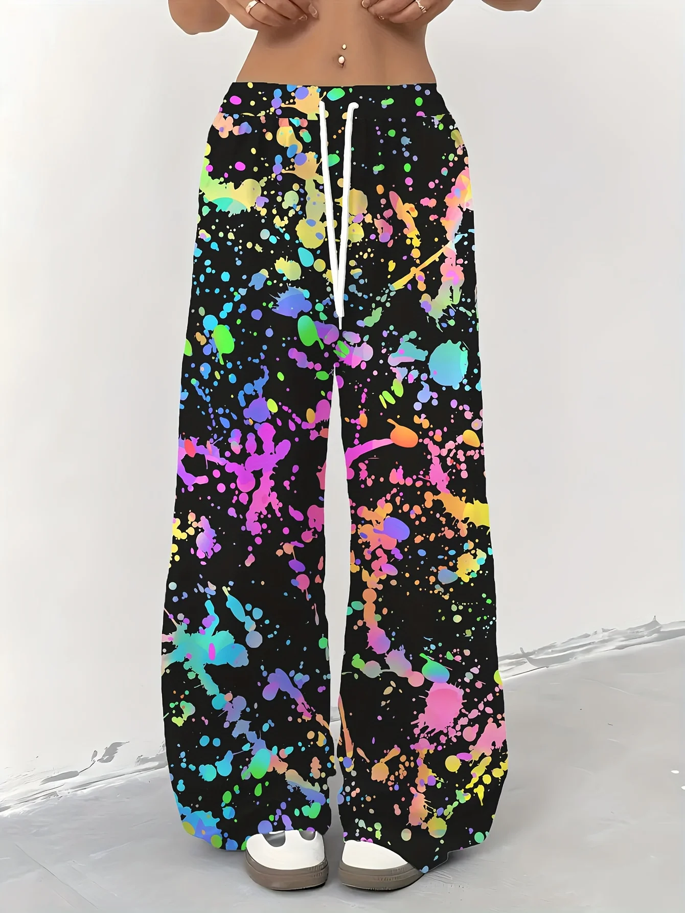 2026 Black Rainbow Paint Splatter Fashionable Pants Quick Drying Women's Elasti…